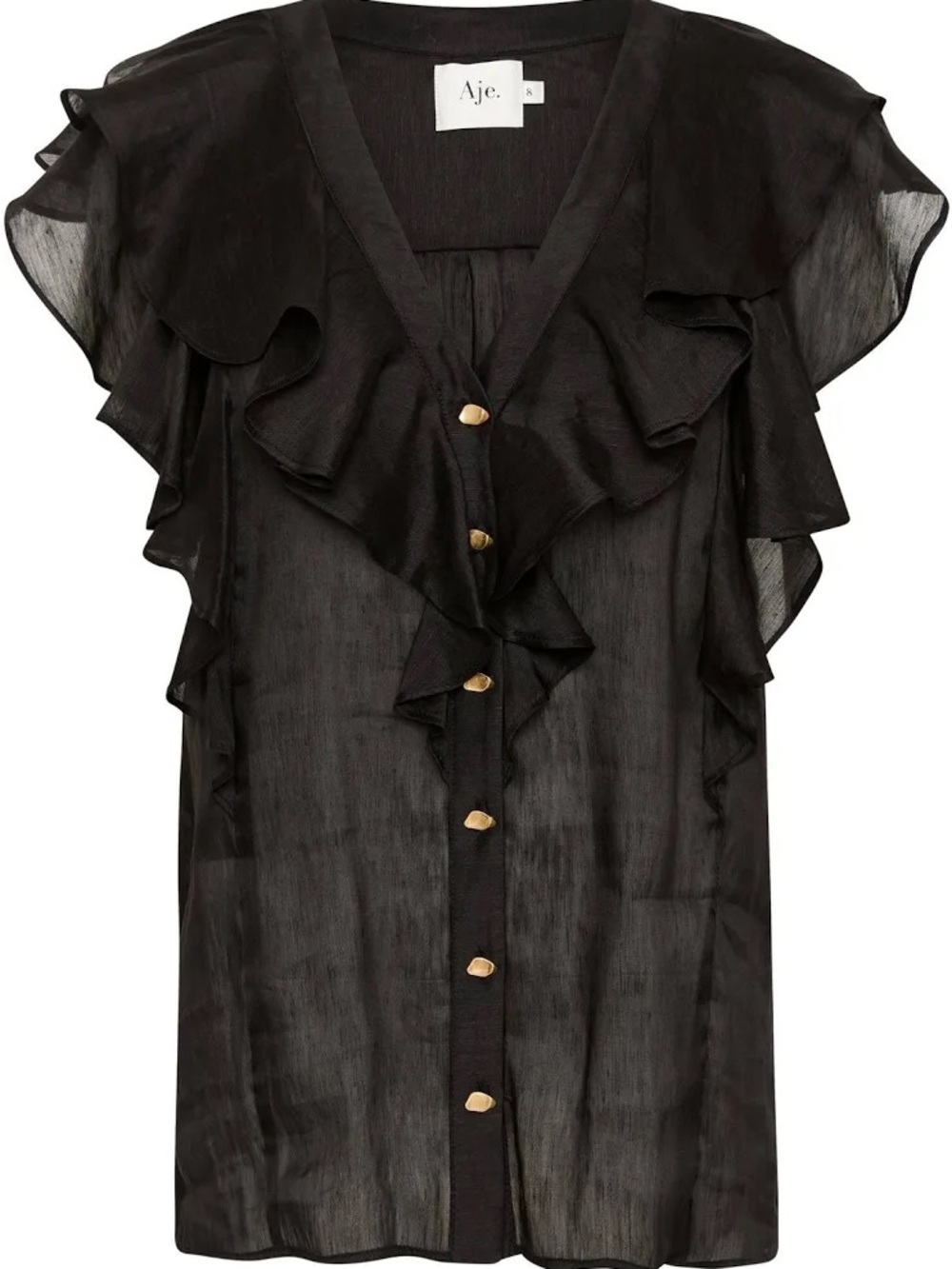 Aje Black Sheer Ruffle Blouse with Gold Buttons